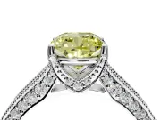 Solitaire Engagement Ring Setting for Fancy Yellow Cushion Cut Center with Milgrain-Framed Pave Band and Prong Head in Platinum