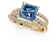 Solitaire Engagement Ring Setting for Fancy Blue Princess Cut Center with Woven 3-Strand Pave Band and Prong Head in Yellow Gold