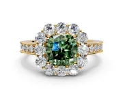 Halo Engagement Ring Setting for Fancy Green Cushion Cut Center with Milgrain Channel Band and Prong Head in Yellow Gold