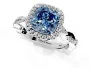 Halo Engagement Ring Setting for Fancy Blue Cushion Cut Center with Pave and Plain Twist Band and Prong Head in Sterling Silver