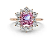 Small-Accent Cluster Halo Engagement Ring Setting for Fancy Pink Radiant Cut Center with Plain Band and Prong Head in Rose Gold
