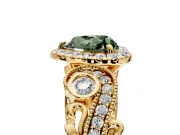 Milgrain Halo Engagement Ring Setting for Fancy Green Heart-Shaped Center with Shoulder Bezels and Prong Head in Yellow Gold