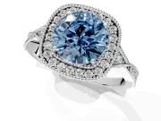 Halo Engagement Ring Setting for Fancy Blue Round Cut Center with Milgrain Rim, Pave Band and Prong Head in Platinum