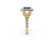 Double Halo Engagement Ring Setting for Fancy Blue Emerald Cut Center with Narrow Pave Split Shank and Prong Head in Yellow Gold