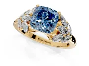 Leaf Cluster Engagement Ring Setting for Fancy Blue Cushion Cut Center with Marquise Accents and Prong Head in Yellow Gold