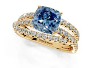 Solitaire Engagement Ring Setting for Fancy Blue Cushion Cut Center with Woven 3-Strand Pave Band and Prong Head in Yellow Gold
