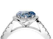 Halo Engagement Ring Setting for Fancy Blue Heart-Shaped Center with Full Pave Band and Prong Head in Platinum