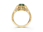 Cathedral Engagement Ring Setting for Fancy Green Cushion Cut Center with Antique-Style Pave Band and Prong Head in Yellow Gold