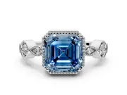 Vintage Station Engagement Ring Setting for Fancy Blue Asscher Cut Center with Accents and Prong Head in Platinum