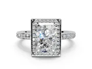 Halo Engagement Ring Setting for Radiant Cut Center with Metal-Rimmed Halo, Pave Band and Prong Head in White Gold