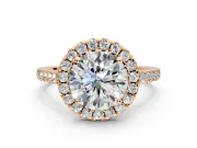 Halo Engagement Ring Setting for Round Cut Center with Narrowing Pave Band and Prong Head in Rose Gold
