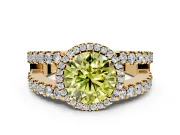 Halo Engagement Ring Setting for Fancy Yellow Round Cut Center with Wide-Open Pave Split Shank and Prong Head in Yellow Gold