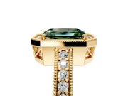 Milgrain Halo Engagement Ring Setting for Fancy Green Emerald Cut Center with Wide Pave Band and Prong Head in Yellow Gold