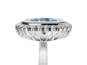 Halo Engagement Ring Setting for Fancy Blue Radiant Cut Center with Milgrain Bezel Rim, Plain Band and Prong Head in Platinum