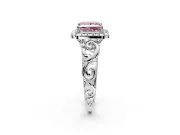 Halo Engagement Ring Setting for Fancy Pink Princess Cut Center with Open Scroll Shoulders and Prong Head in Platinum