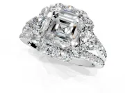Halo Engagement Ring Setting for Asscher Cut Center with Two-Strand Split Shank and Prong Head in Sterling Silver