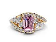 Halo Engagement Ring Setting for Fancy Pink Emerald Cut Center with Marquise and Pave Bypass Band and Prong Head in Yellow Gold