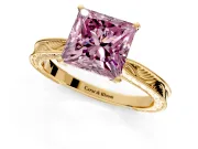 Solitaire Engagement Ring Setting for Fancy Pink Princess Cut Center with Engraved Milgrain Band and Prong Head in Yellow Gold