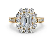 Halo Engagement Ring Setting for Emerald Cut Center with Milgrain Channel Band and Prong Head in Yellow Gold
