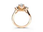 3 Stone Engagement Ring Setting for Pear-Shaped Center with Crossover Basket, Pave Band and Prong Head in Rose Gold