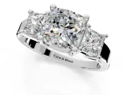3 Stone Engagement Ring Setting for Cushion Cut Center with Matching Side Accents and Prong Head in Platinum