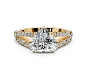 Solitaire Engagement Ring Setting for Heart-Shaped Center with Pave Split Shank and Prong Head in Yellow Gold