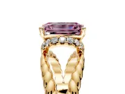Halo Engagement Ring Setting for Fancy Pink Emerald Cut Center with Rope Twist Split Shank and Prong Head in Yellow Gold