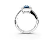 Milgrain Halo Engagement Ring Setting for Fancy Blue Emerald Cut Center with Three-Sided Pave Band and Prong Head in Platinum