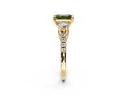 3 Stone Engagement Ring Setting for Fancy Green Emerald Cut Center with Crossover Basket, Pave Band and Prong Head in Yellow Gold