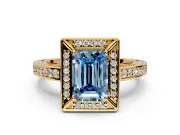 Halo Engagement Ring Setting for Fancy Blue Emerald Cut Center with Framed Halo, Pave Band and Prong Head in Yellow Gold