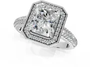Milgrain Halo Engagement Ring Setting for Radiant Cut Center with Three-Sided Pave Band and Prong Head in White Gold