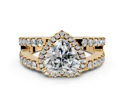 Halo Engagement Ring Setting for Heart-Shaped Center with Wide-Open Pave Split Shank and Prong Head in Yellow Gold
