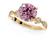 Solitaire Engagement Ring Setting for Fancy Pink Round Cut Center with Milgrain Bezel Accents and Prong Head in Yellow Gold