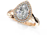 Halo Engagement Ring Setting for Pear-Shaped Center with Twist Band and Prong Head in Rose Gold