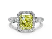 Halo Engagement Ring Setting for Fancy Yellow Radiant Cut Center with Heart-Shaped Openwork, Pave Band and Prong Head in White Gold