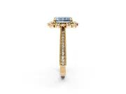 Milgrain Halo Engagement Ring Setting for Fancy Blue Radiant Cut Center with Bezel Point Accents and Prong Head in Yellow Gold
