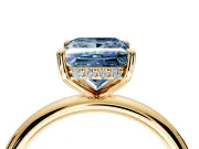 Hidden Halo Engagement Ring Setting for Fancy Blue Princess Cut Center with Thin Rounded Band and Prong Head in Yellow Gold