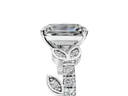 Leaf Motif Engagement Ring Setting for Emerald Cut Center with Pave Band and Prong Head in White Gold