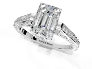 Cathedral Engagement Ring Setting for Emerald Cut Center with Antique-Style Pave Band and Prong Head in Platinum