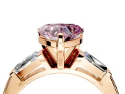 3 Stone Engagement Ring Setting for Fancy Pink Heart-Shaped Center with Tapered Baguettes, Plain Band and Prong Head in Rose Gold