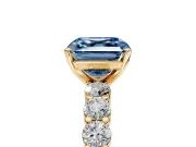 Shared-Prong Engagement Ring Setting for Fancy Blue Asscher Cut Center with Graduated Accents and Prong Head in Yellow Gold