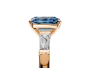 3 Stone Engagement Ring Setting for Fancy Blue Emerald Cut Center with Tapered Baguettes, Plain Band and Prong Head in Rose Gold