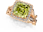 Halo Engagement Ring Setting for Fancy Yellow Asscher Cut Center with Leaf Motif Split Shank and Prong Head in Rose Gold