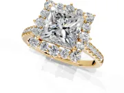Halo Engagement Ring Setting for Princess Cut Center with Single-Row Pave, Open Basket and Prong Head in Yellow Gold