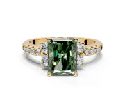 Paired Accent Engagement Ring Setting for Fancy Green Radiant Cut Center with Pave Band and Prong Head in Yellow Gold