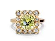 Cluster Halo Engagement Ring Setting for Fancy Yellow Cushion Cut Center with Milgrain Bezel Accents and Prong Head in Yellow Gold