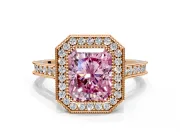 Halo Engagement Ring Setting for Fancy Pink Radiant Cut Center with Milgrain Pave Band and Bezel Head in Rose Gold