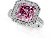 Halo Engagement Ring Setting for Fancy Pink Asscher Cut Center with Milgrain Halo, Pave Band and Prong Head in Sterling Silver