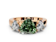 3 Stone Engagement Ring Setting for Fancy Green Heart-Shaped Center with Raised Basket Heads and Prong Head in Rose Gold