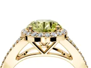 Halo Engagement Ring Setting for Fancy Yellow Round Cut Center with Pave Split Shank and Prong Head in Yellow Gold